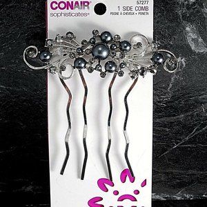 Conair Side Comb Hair Fork NOC Rhinestone Silver Tone Metal Hair Accessory